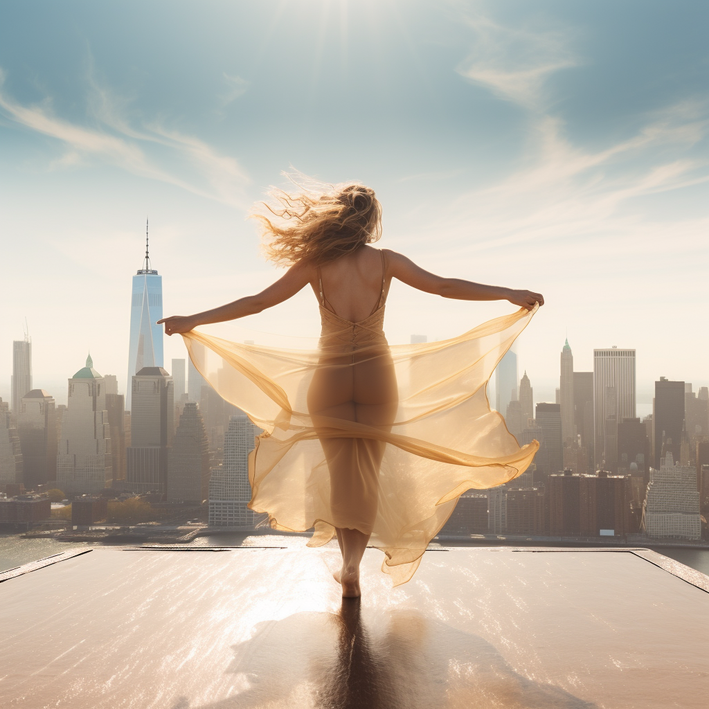 Plus-size woman leaping into NYC skyline