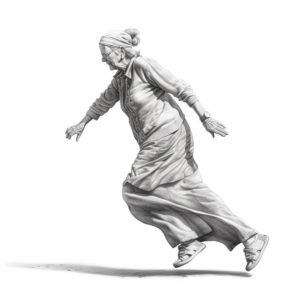 Active grandmother jumping on one leg