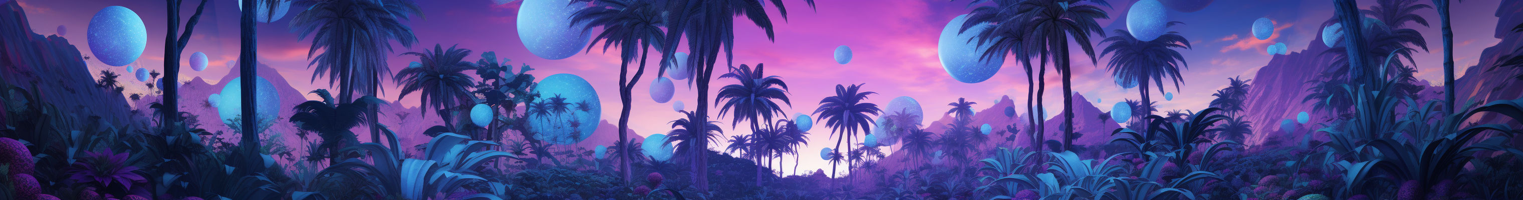 Vibrant jungle disco scene with video walls and palm trees