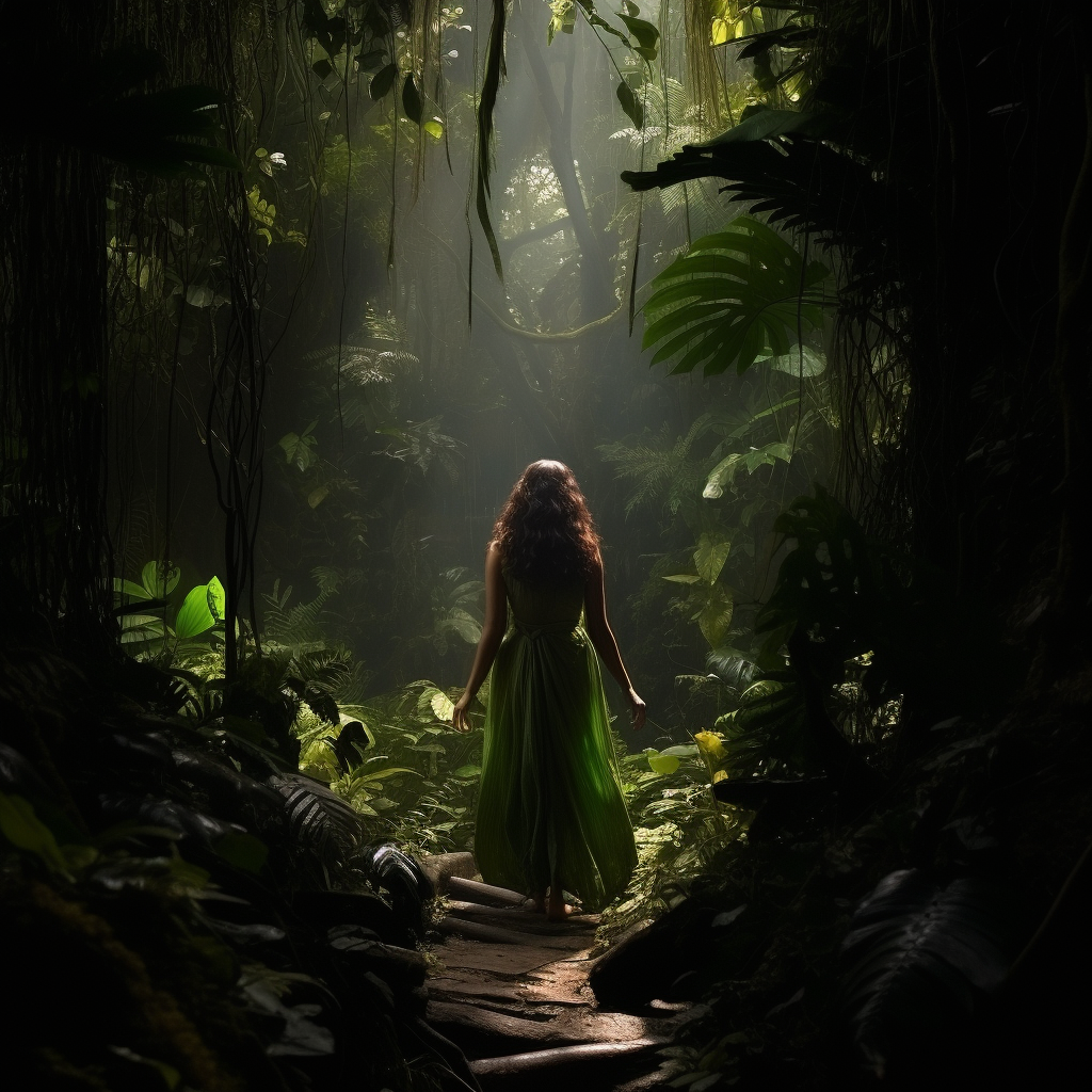 Girl wearing green clothes in jungle