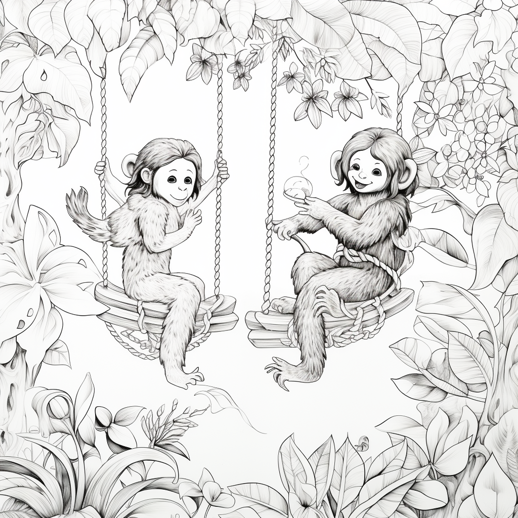 Two girls swinging in jungle with chimpanzee