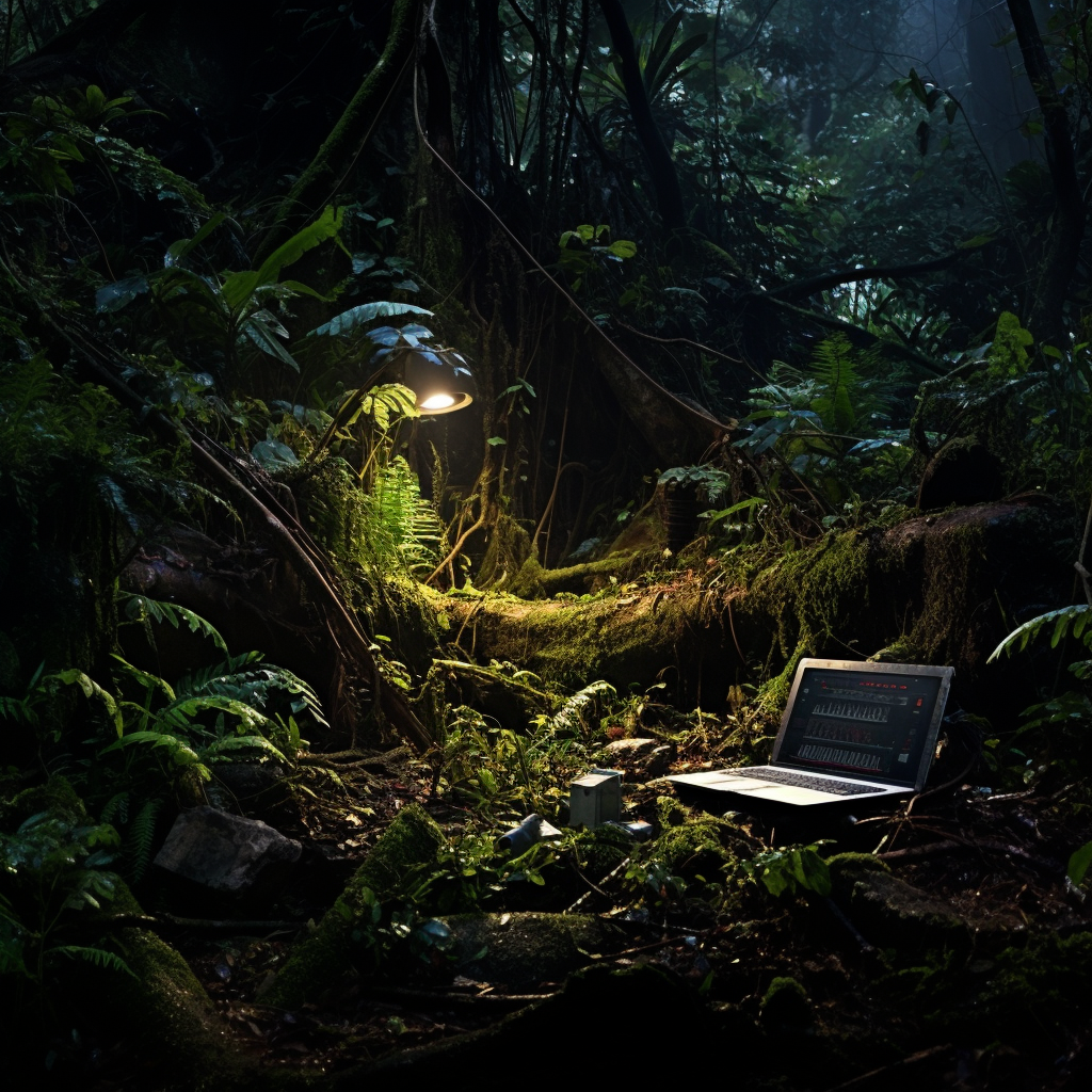 Nighttime jungle with laptop on fallen tree