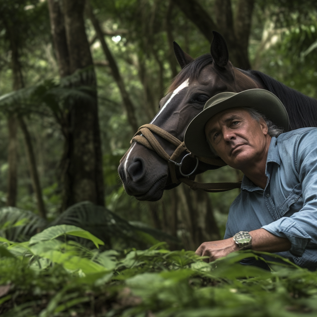 Midjourney prompt featuring man and horse in jungle