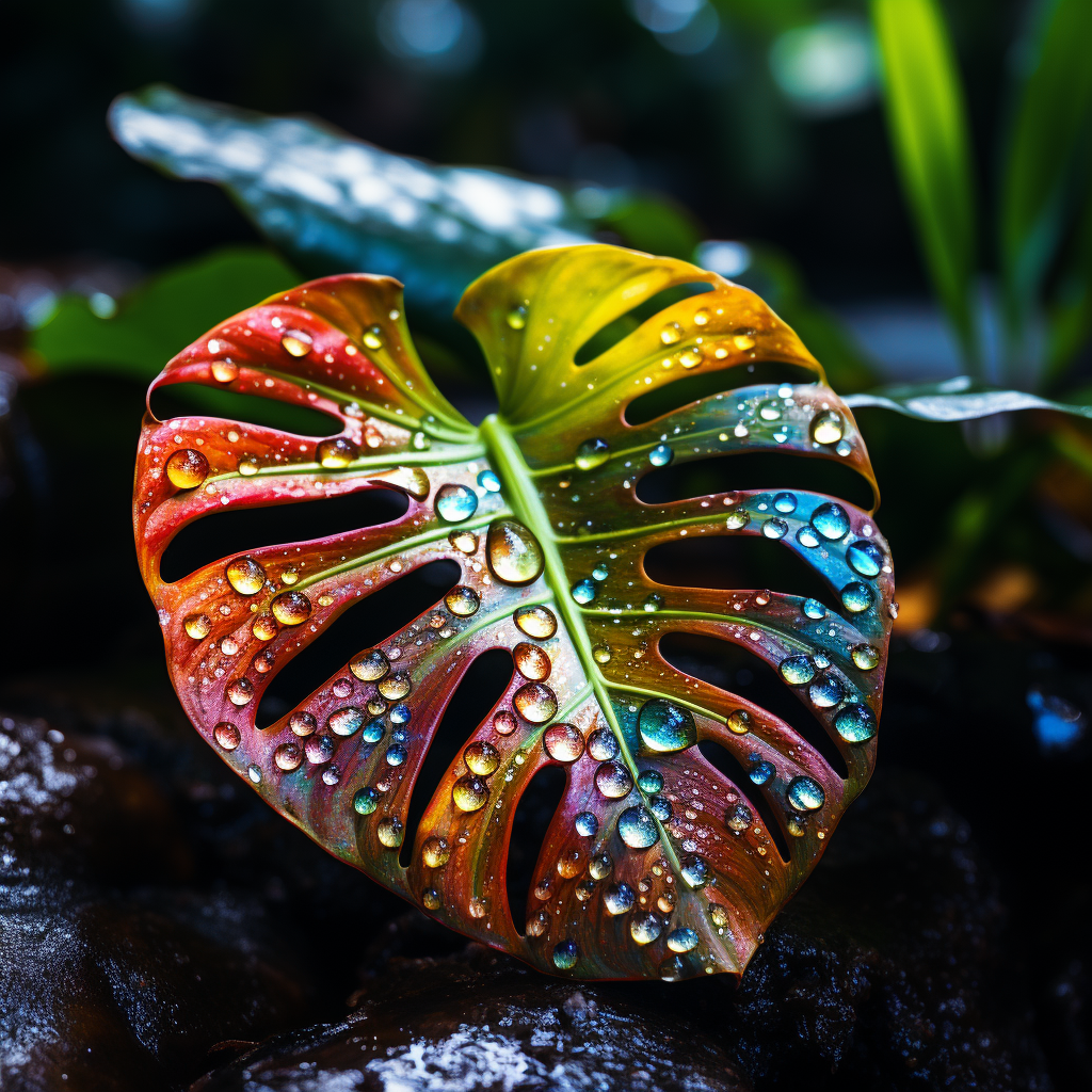 Photorealistic monstera leaf in vibrant jungle rain