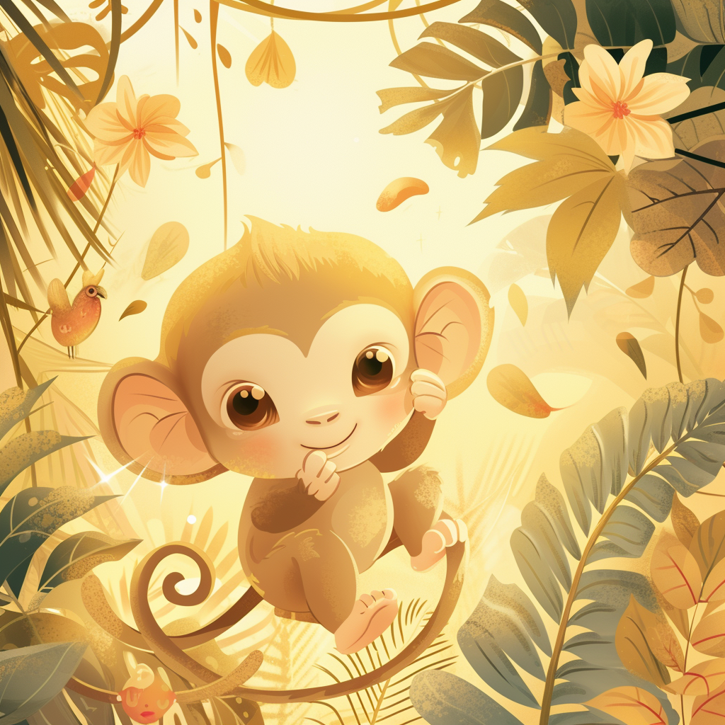 Cute monkey in beautiful jungle scene