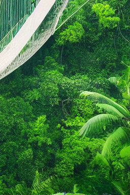 A suspension bridge in the jungle, surrounded by lianas