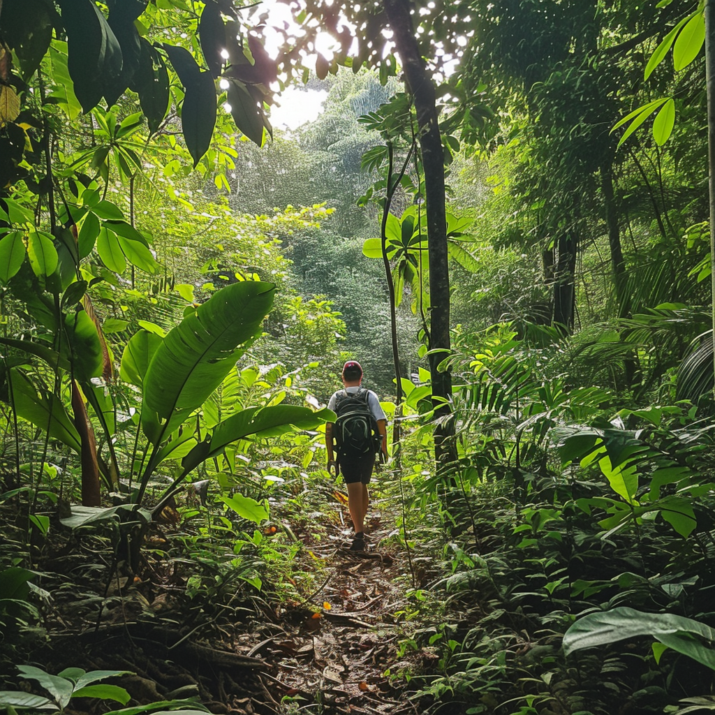 Trekking through thick jungle cutting path