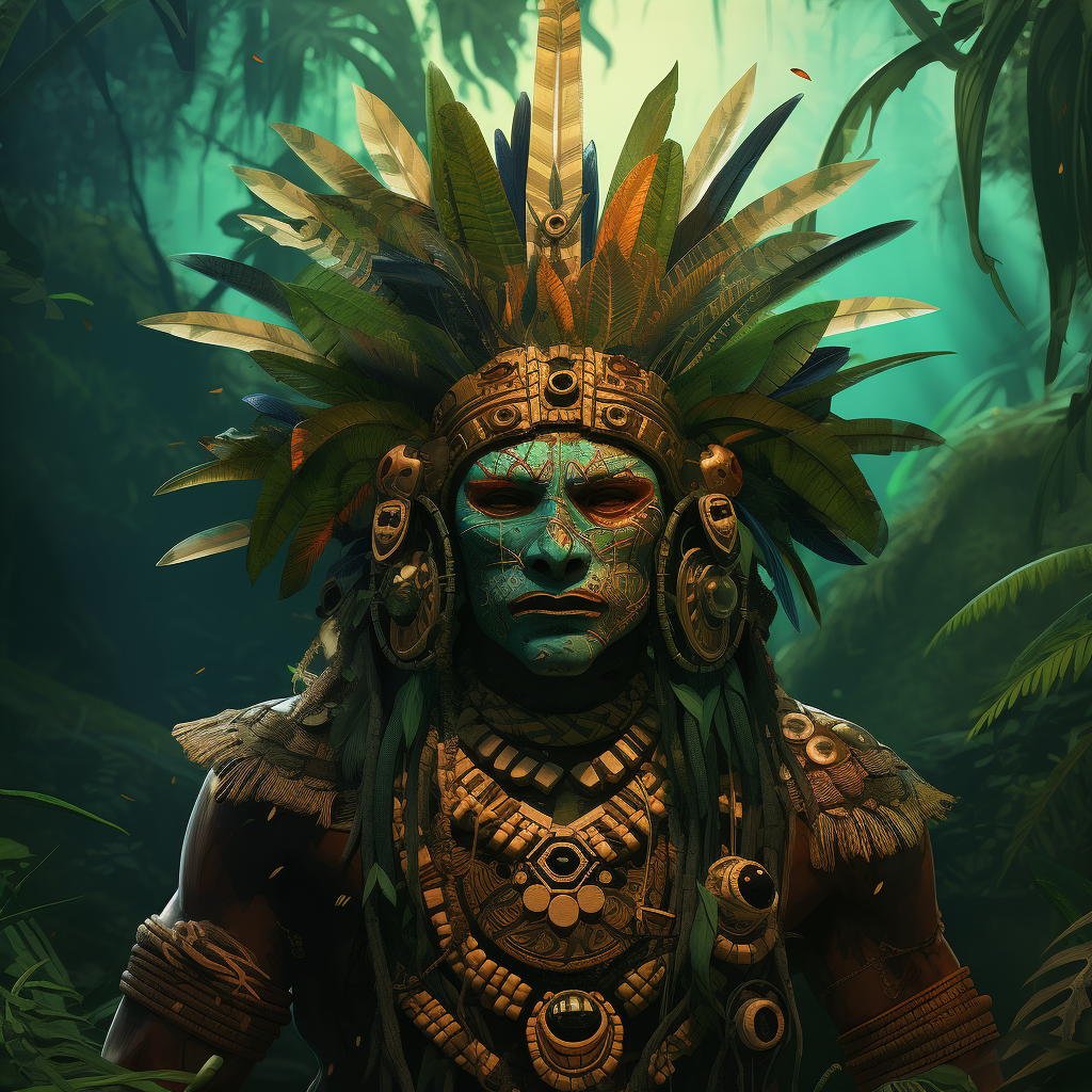 Jungle tribal shaman with Inca mask