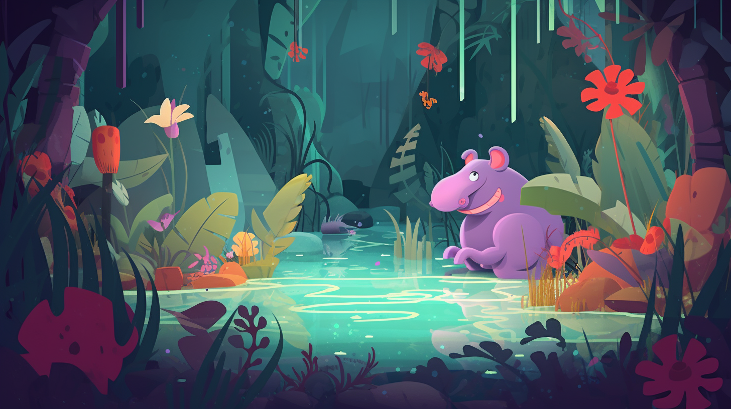 Whimsical jungle adventure with playful hippopotamus