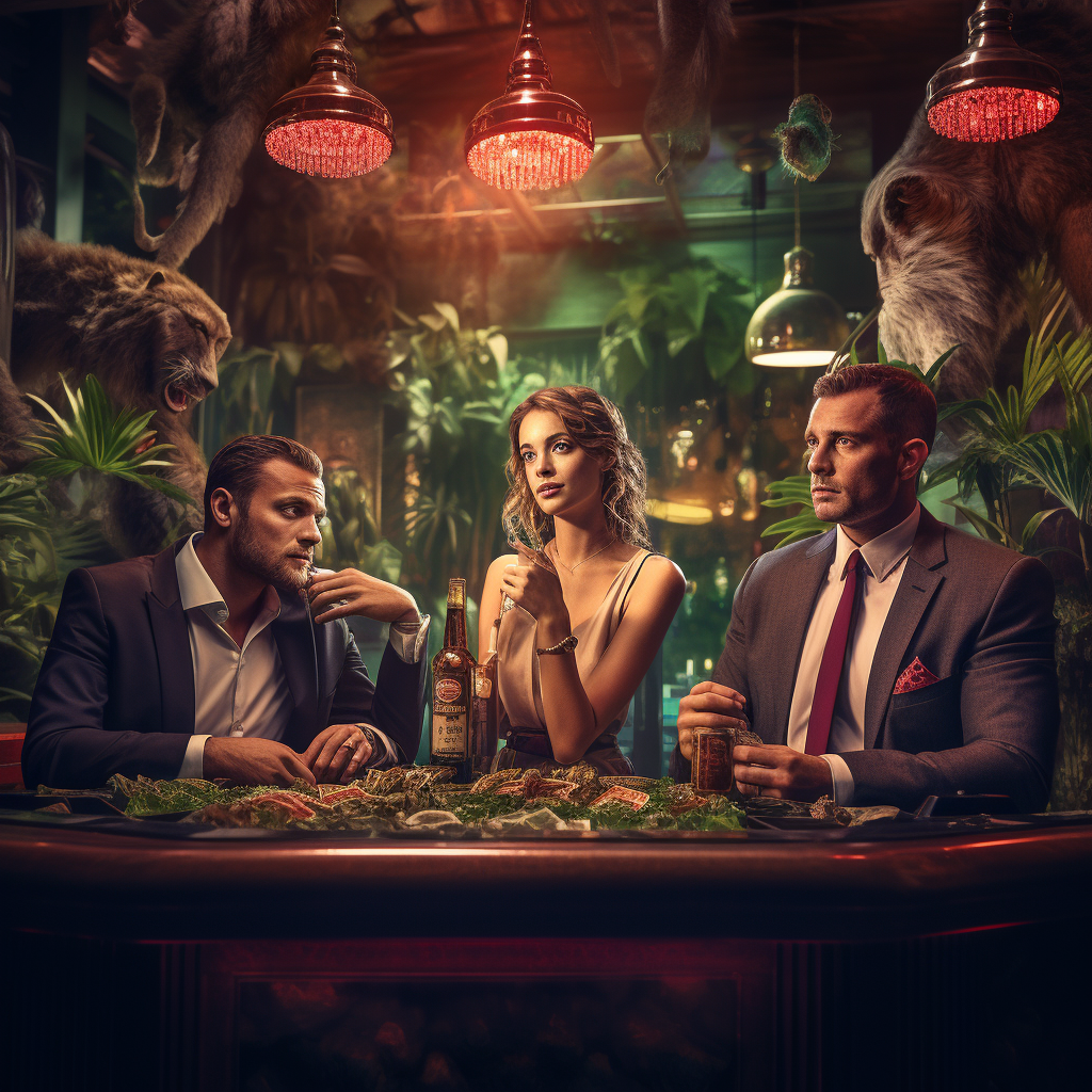 Three men enjoying drinks in a jungle-themed bar