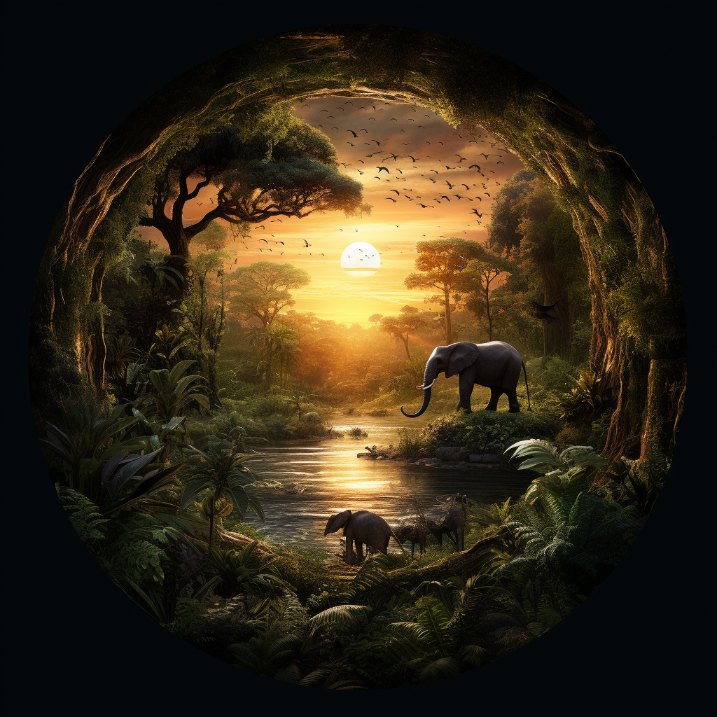 Jungle Dusk with Lone Elephant and Animals