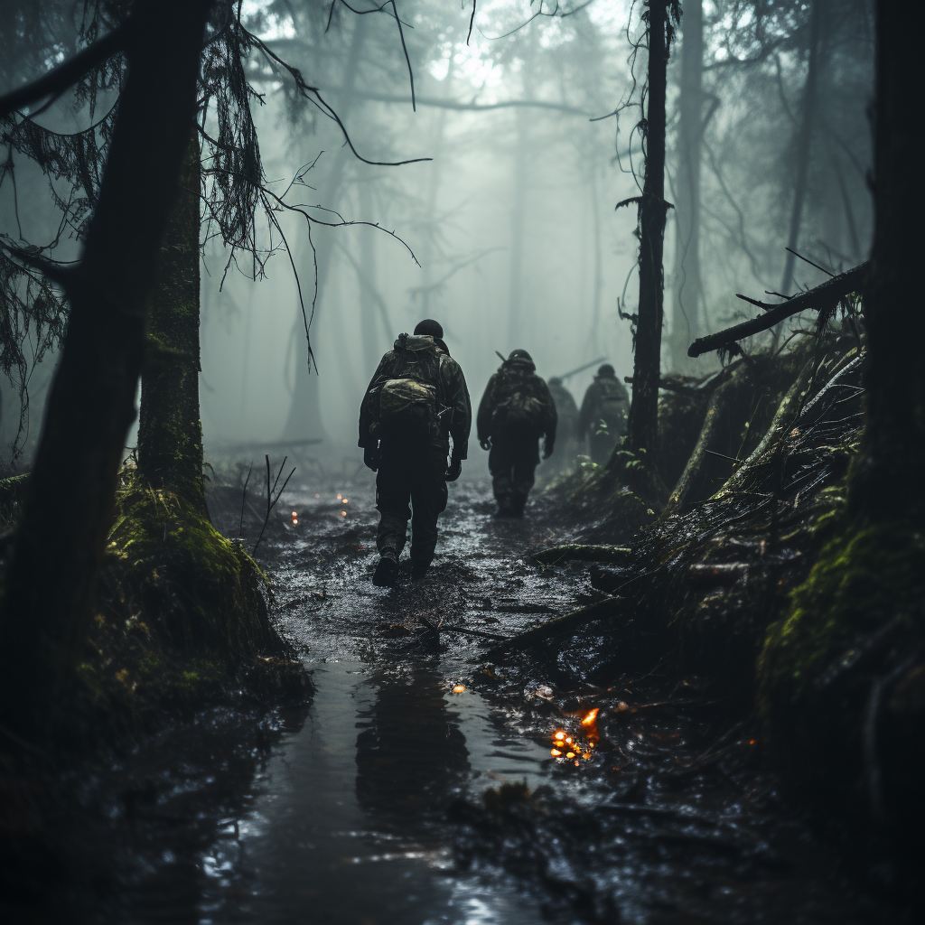 WW2 soldiers in a dark jungle