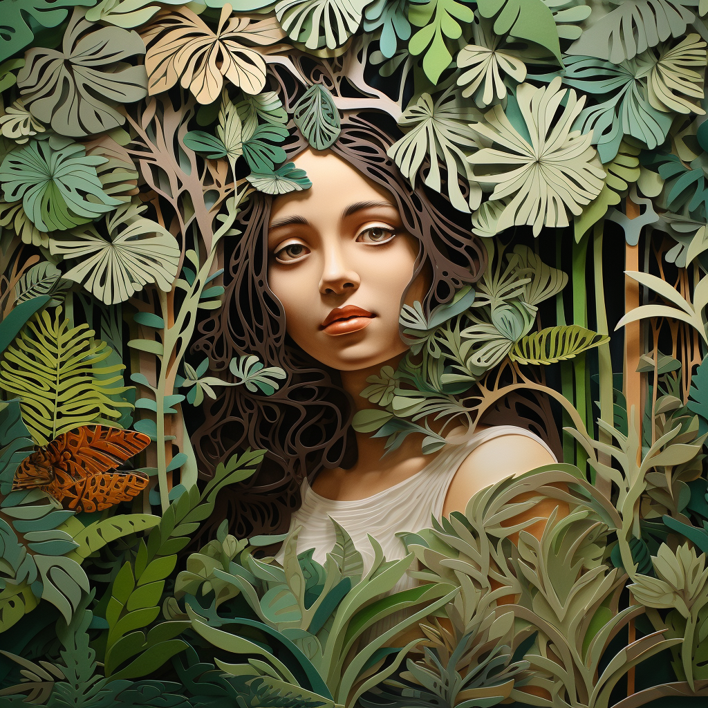 Artistic drawing of a girl in a lush jungle