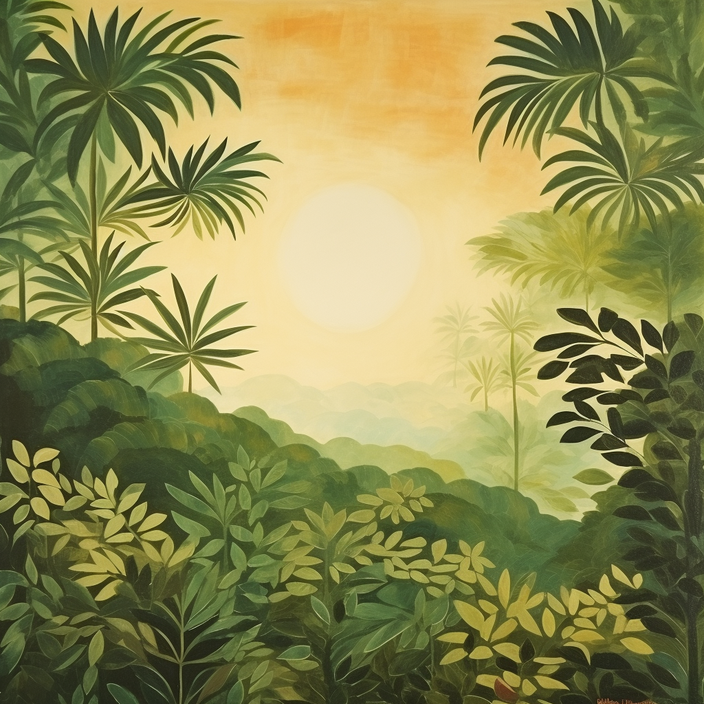 Beautiful stylized jungle painting with sun in distance