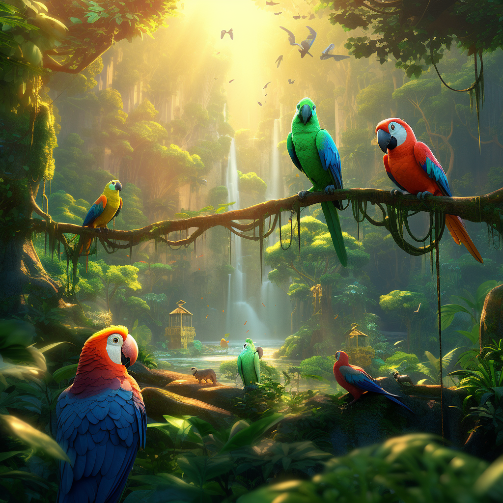 Playful exotic creatures in vibrant jungle scene