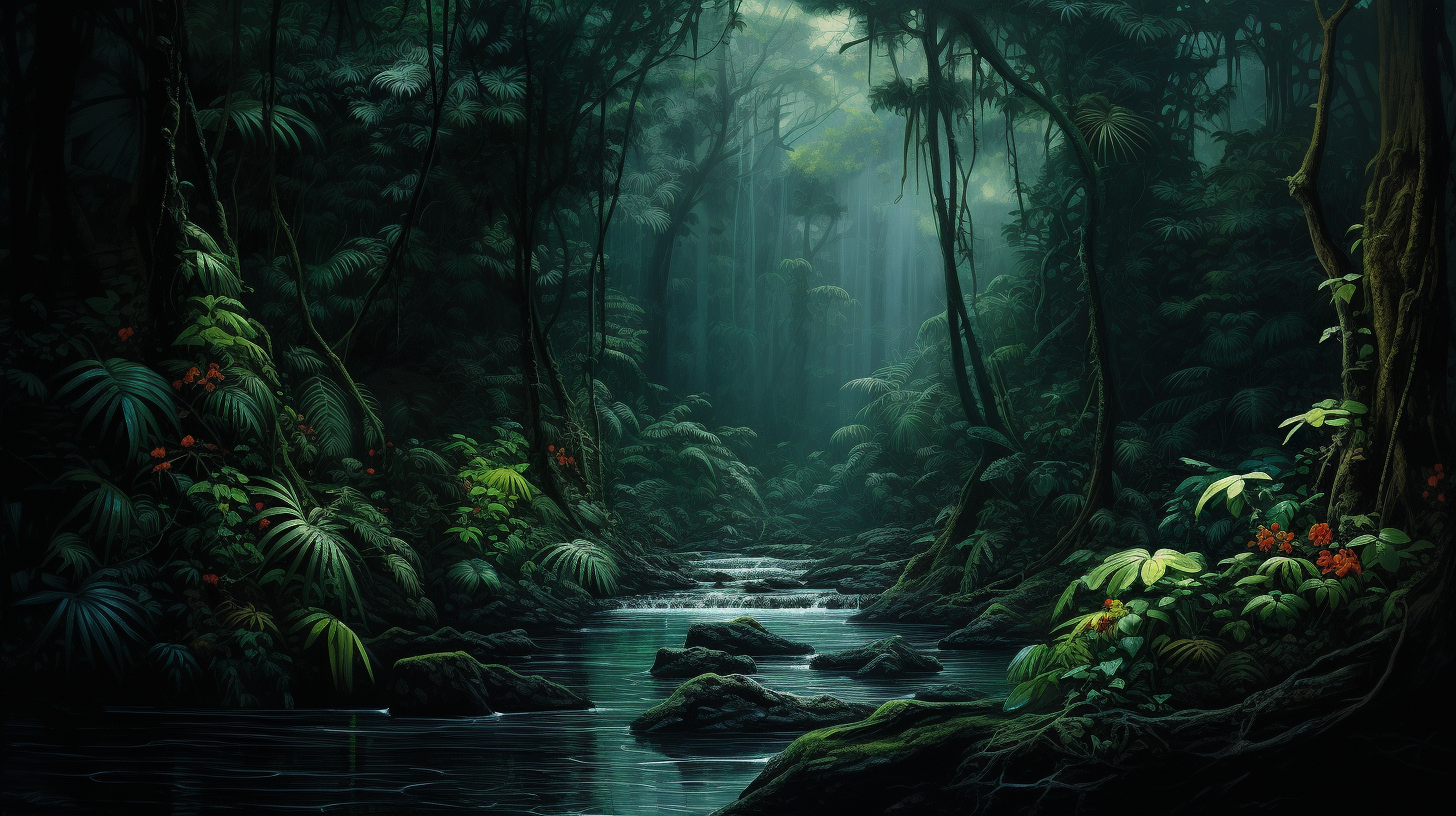 Enchanting black coffee river in somber jungle