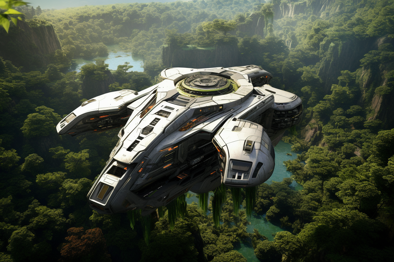 Futuristic spaceship taking off from the jungle