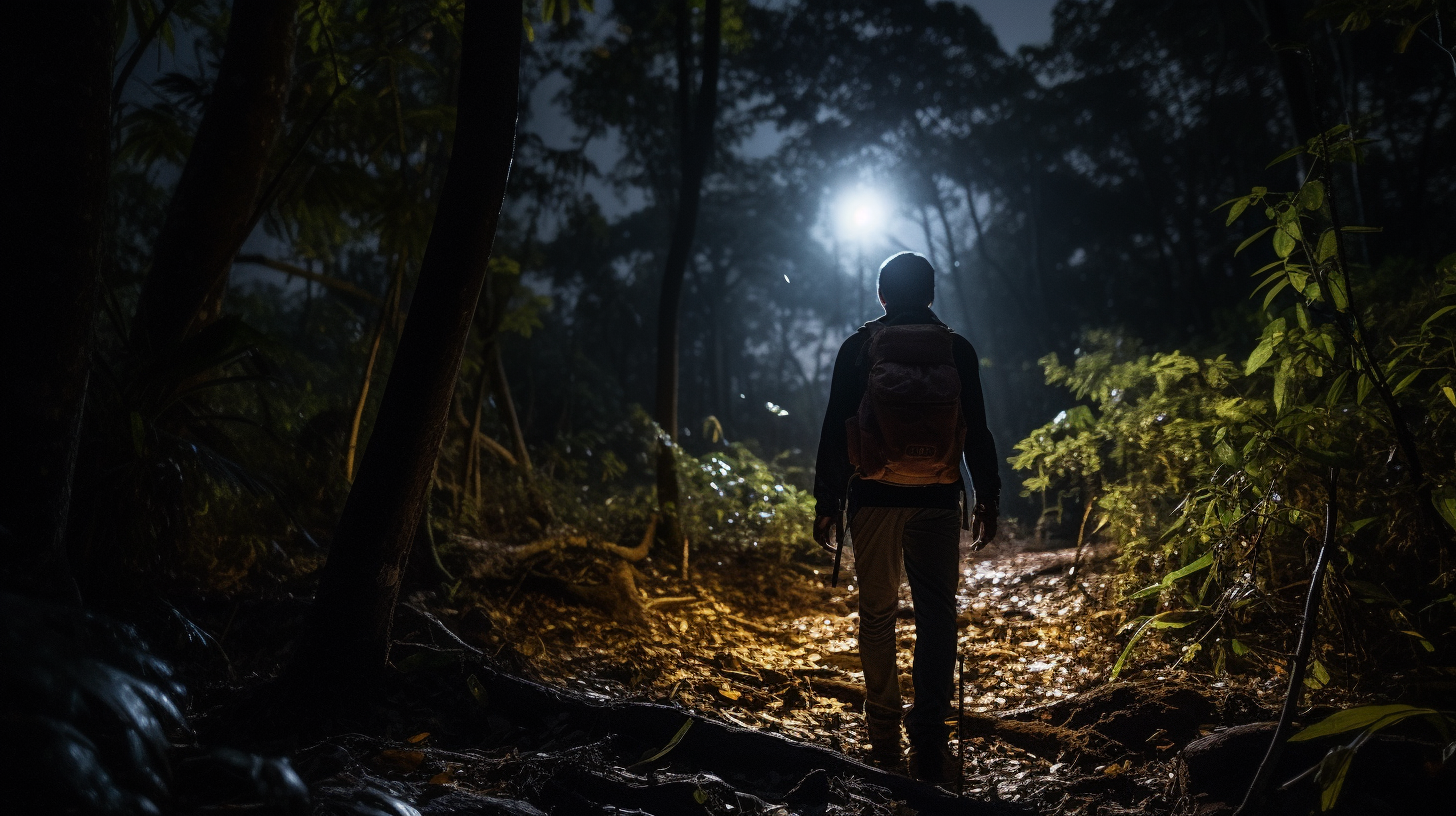 Tourist walking through jungle with flashlight