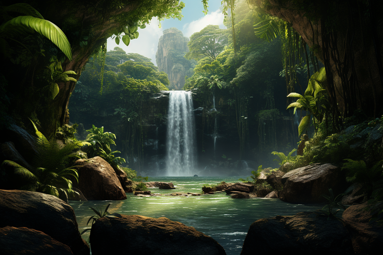 Jungle waterfall with product placement