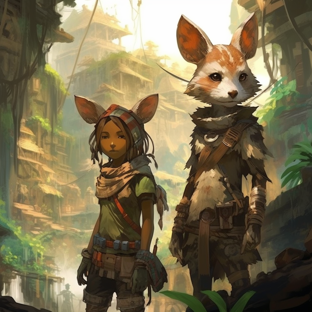 Adventurous junglepunk Viera couple exploring rainforest