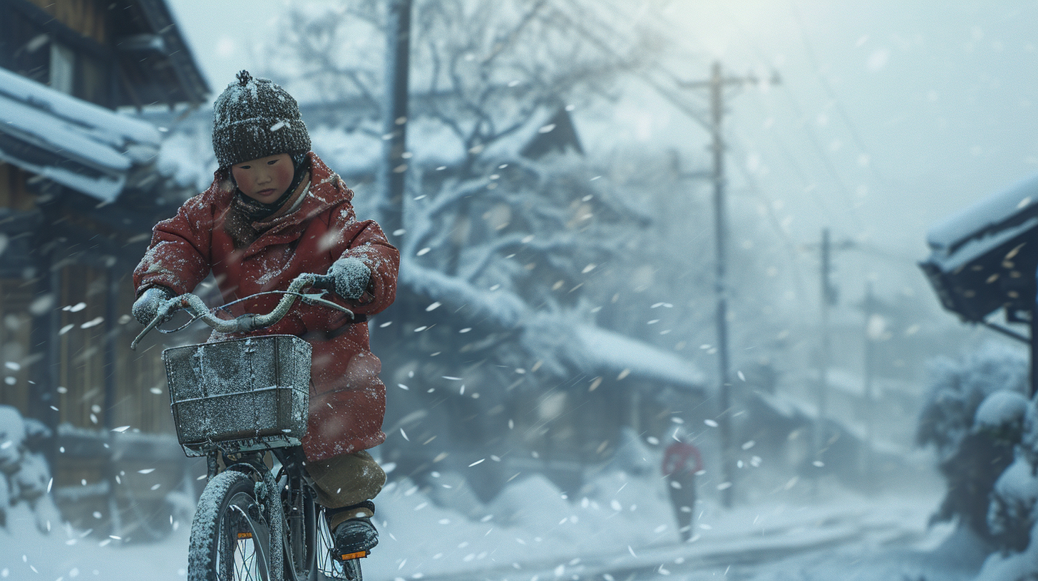 Boy riding bicycle in winter