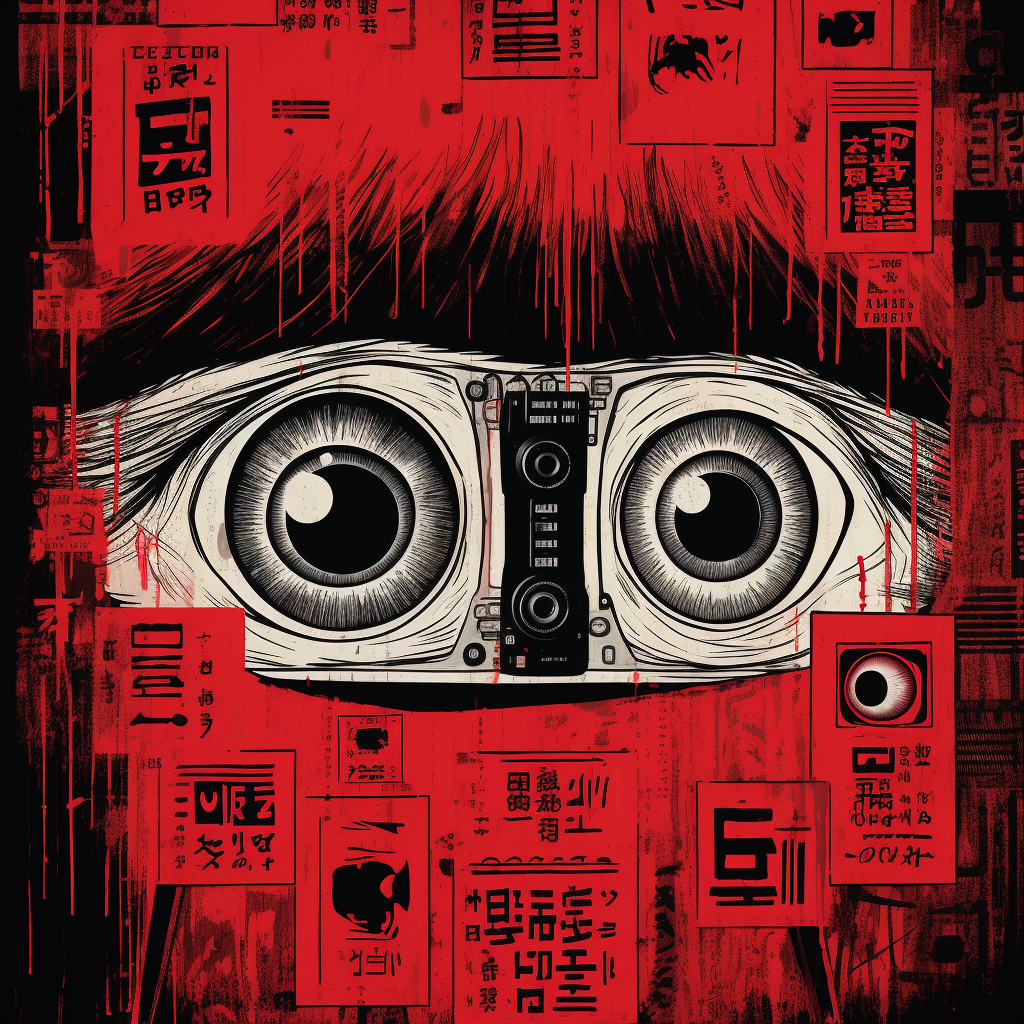 Junji Ito inspired camera ad with risoprint, graffiti, and red