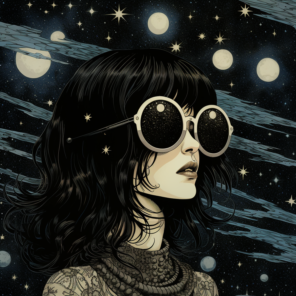 Women in sunglasses looking at moon and stars