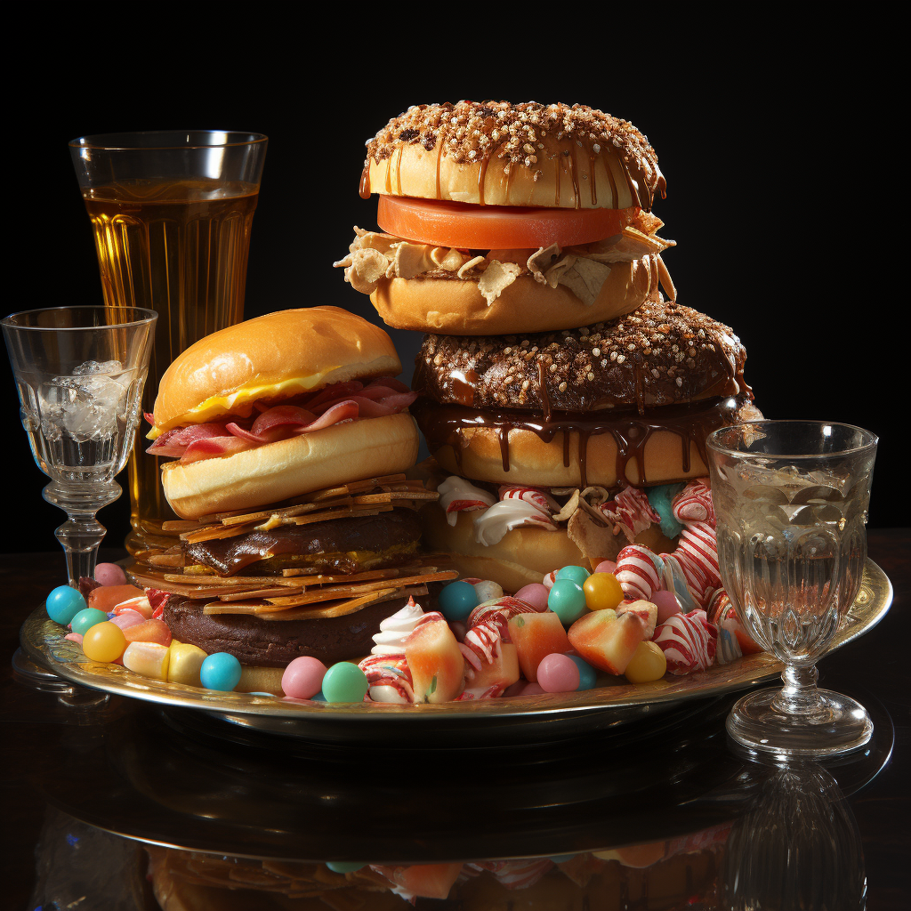 Still Life of Junk Food in Expensive Dishes