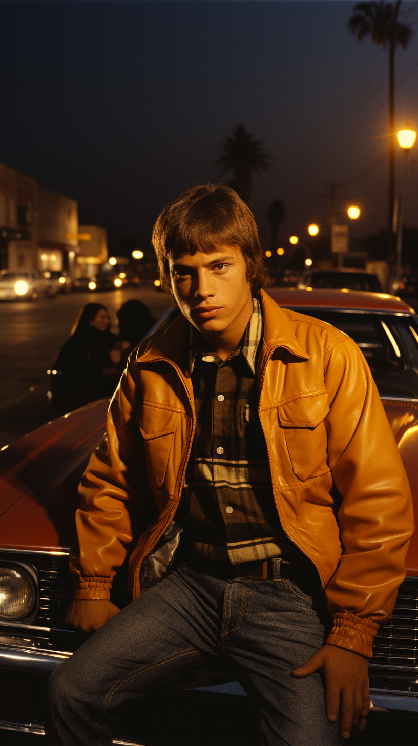 Justin Bieber leaning on his car at sunset