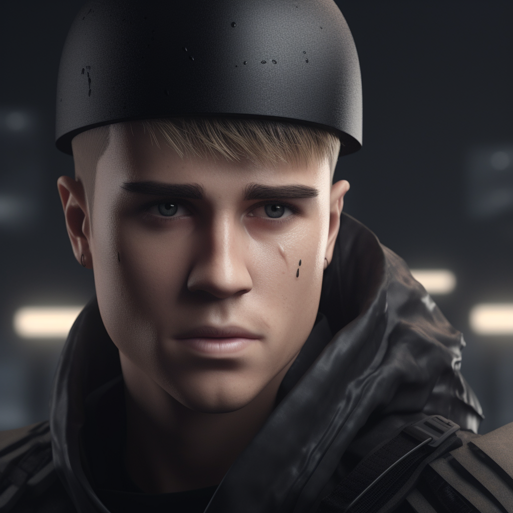 Justin Bieber wearing black special agent gear