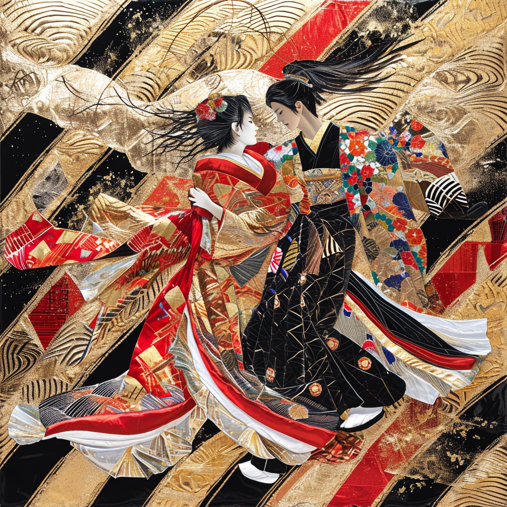 Kabuki Costume Texture Glitter Gold Waves Triangles