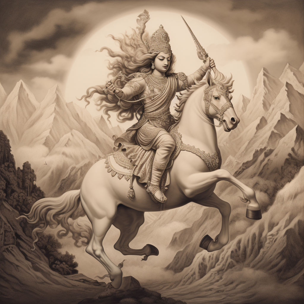 Hindu God Kalki unleashing divine power on white horse