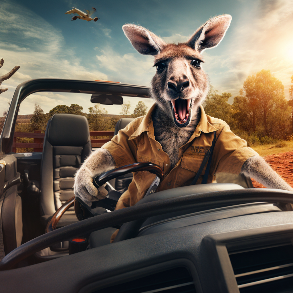 Kangaroo driving Tesla Cybertruck Convertible