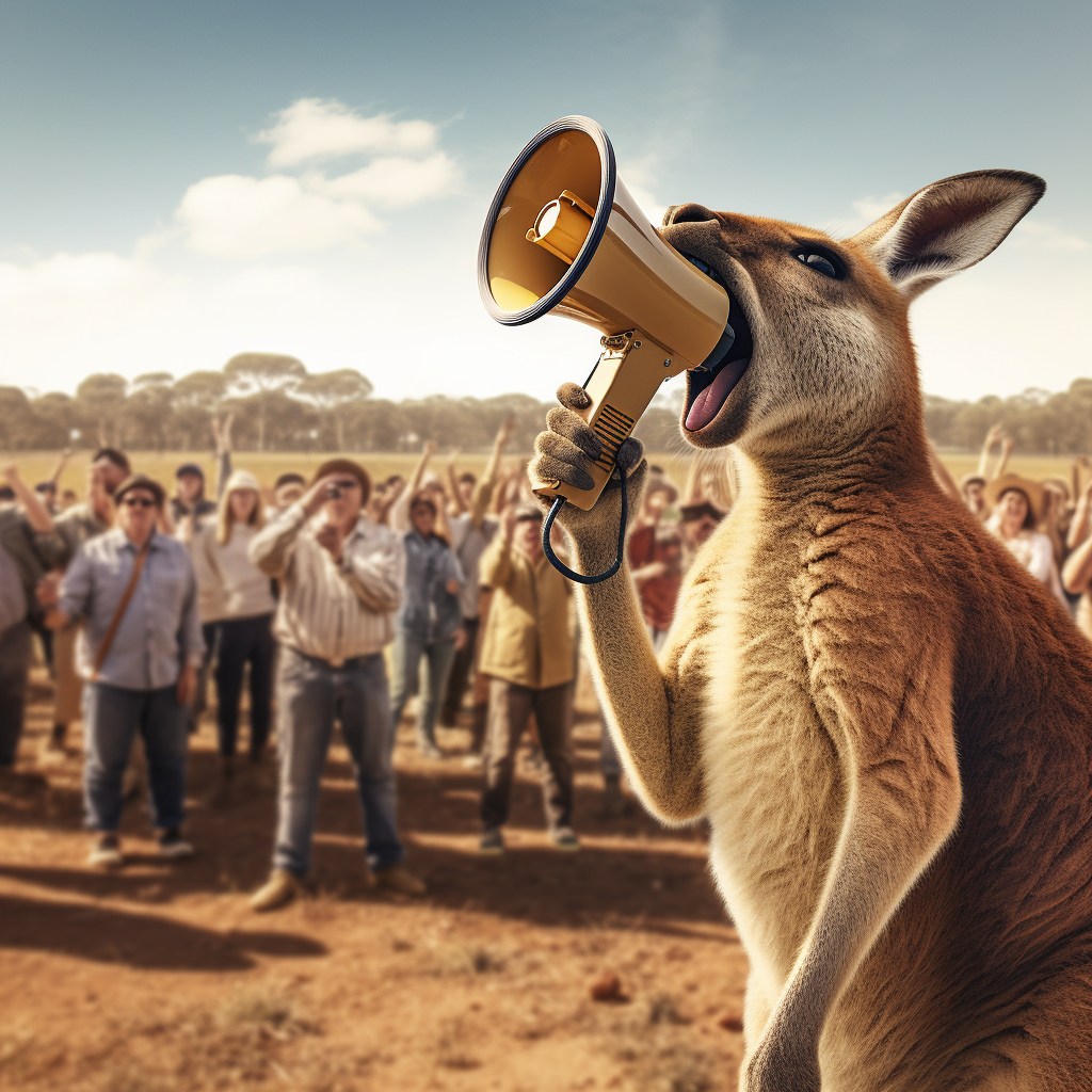 Kangaroo dressed as farmer in sunny field shouting