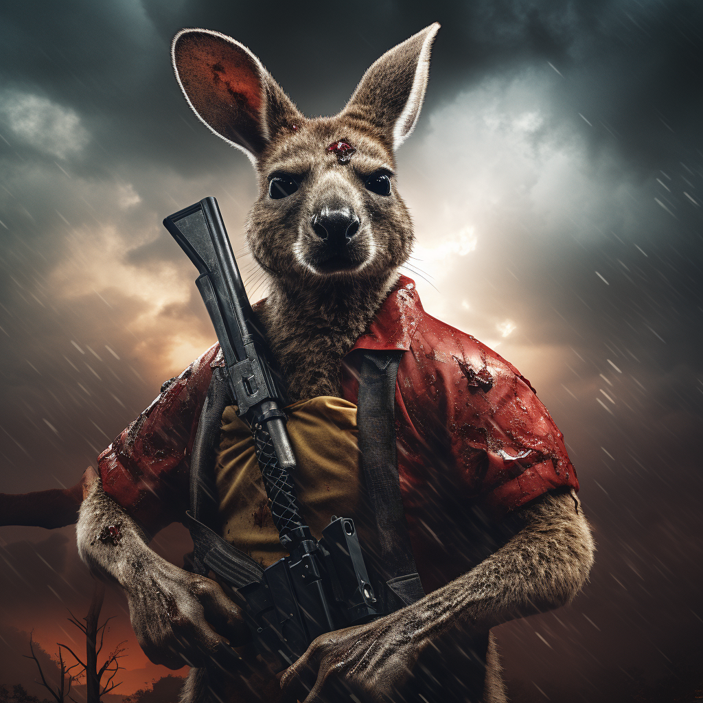 Strong kangaroo with red eyes and rifle