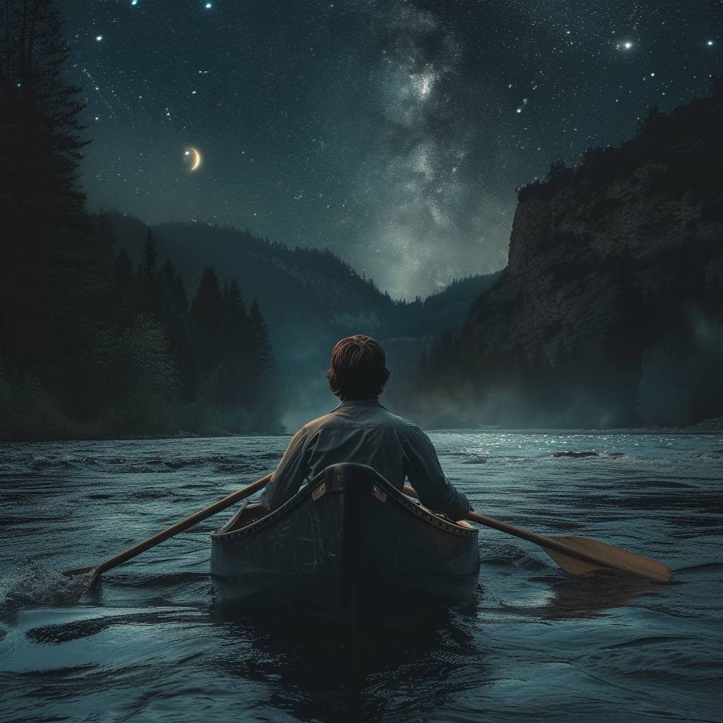 Brown-haired man paddling in a kanu on a river at night with stars and moon