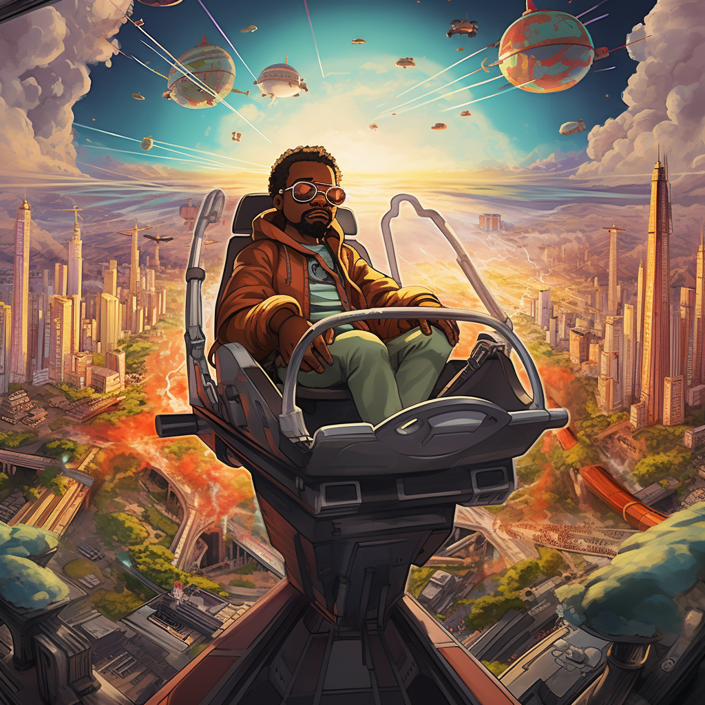 Kanye West Driving Flying Car Over Future City