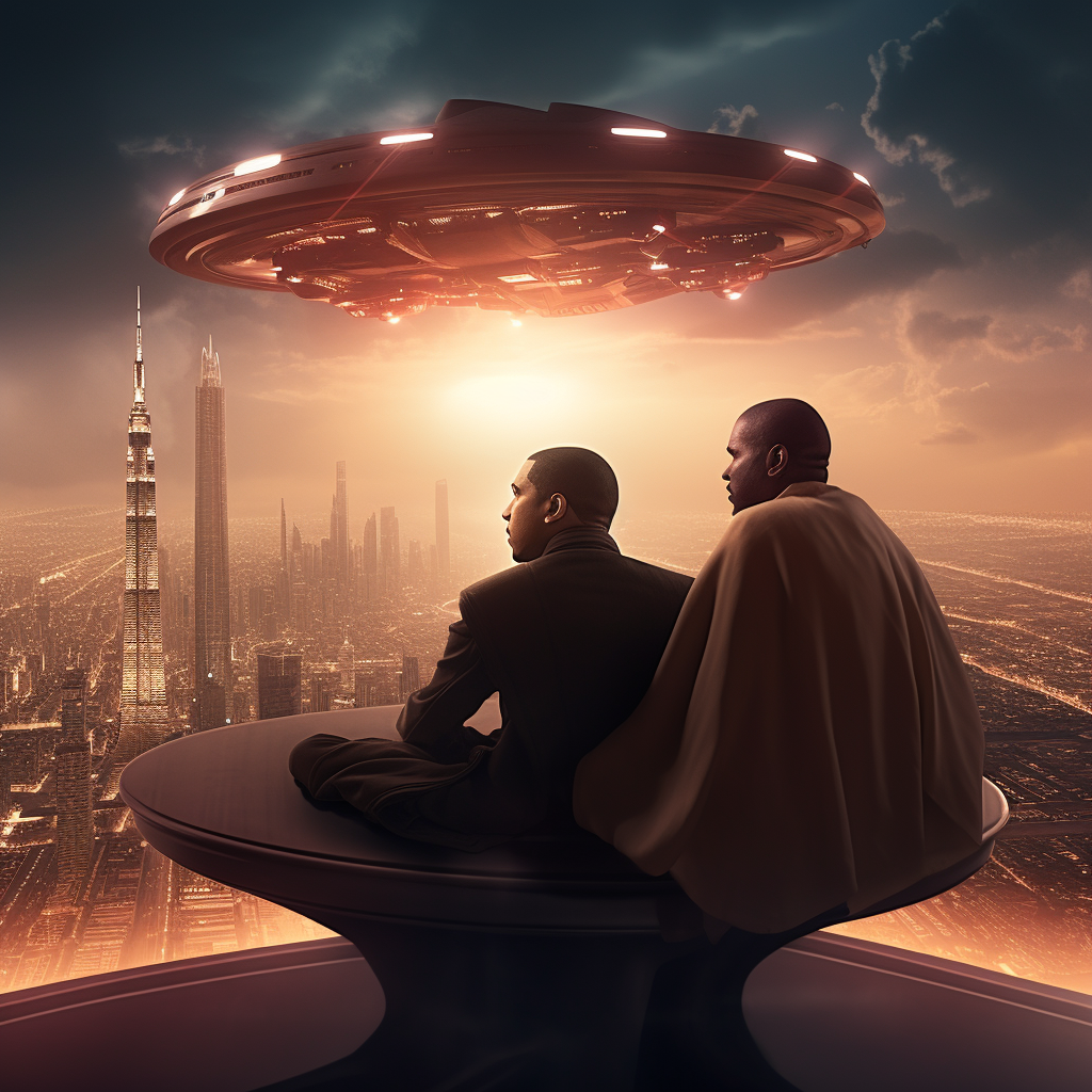 Celebrities Kanye West and Drake on a UFO