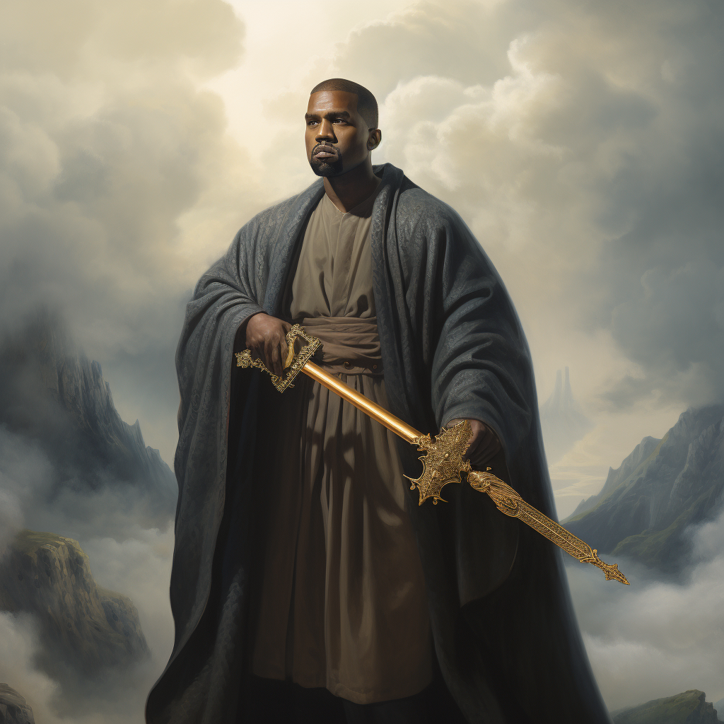 Kanye West holding a powerful sword