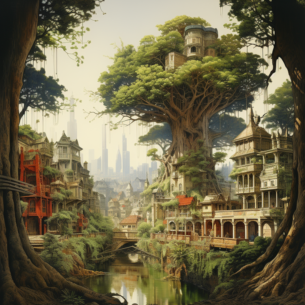 Majestic kapok tree with river and houses