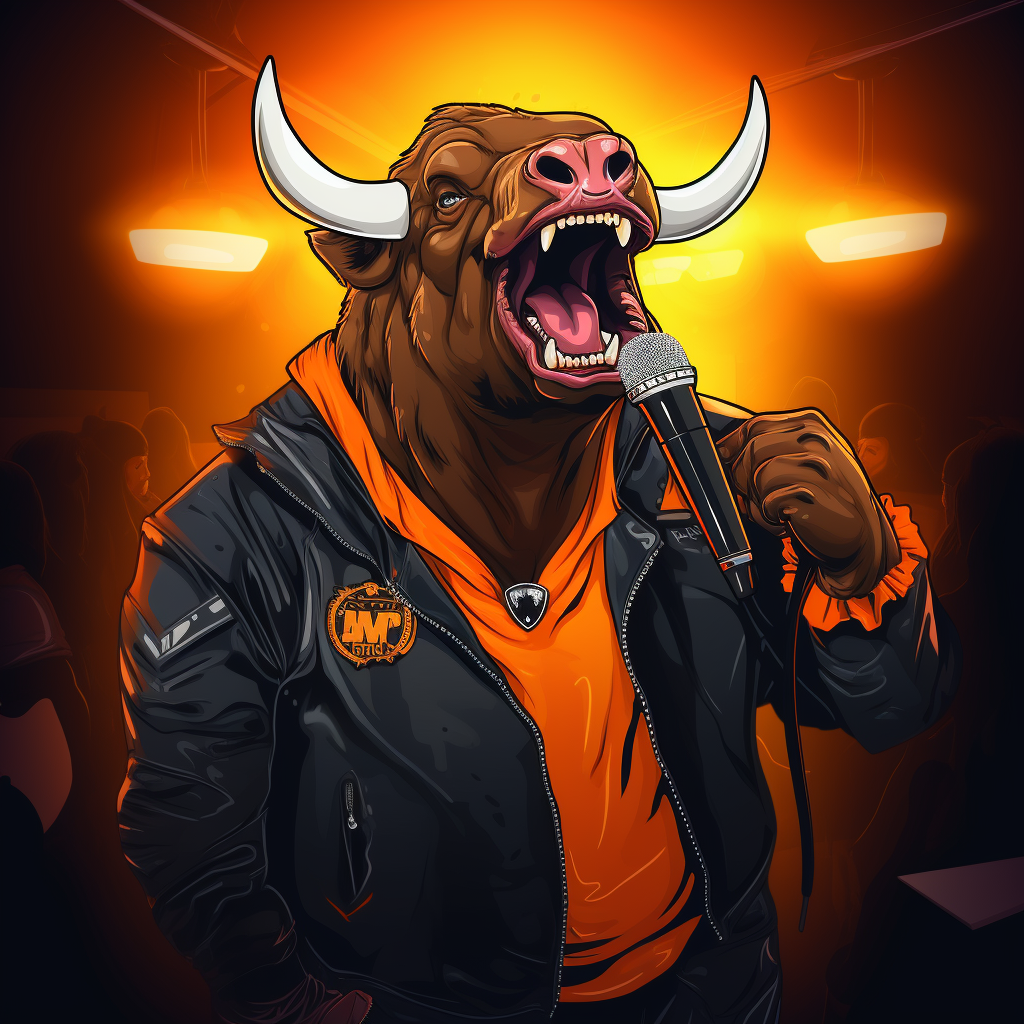 Bull singing karaoke in night bar