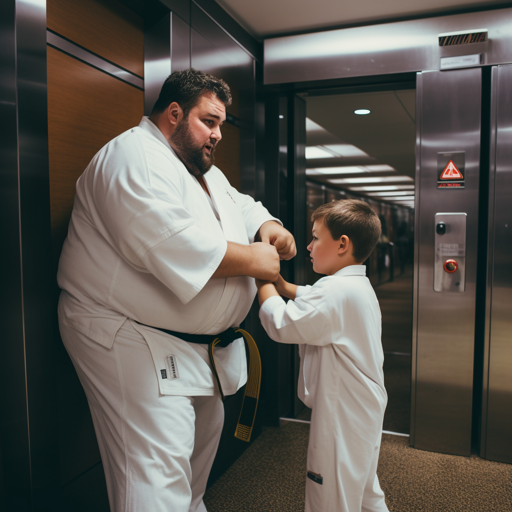 Karate master training young boy in elevator