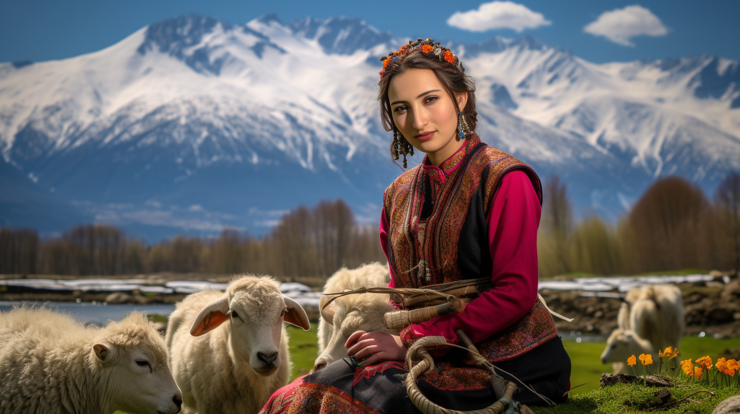 Beautiful Kashmiri girl with tulips in Kashmir landscape