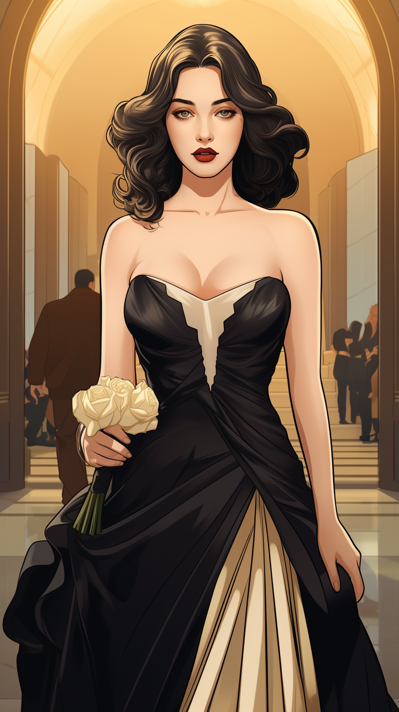 Kat Dennings in elegant ball gown illustration