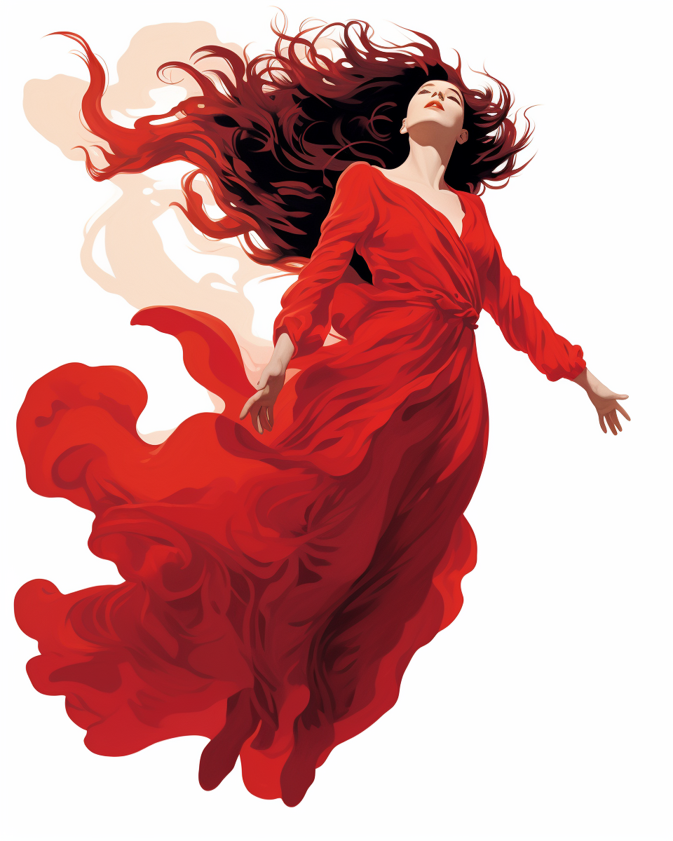 Kate Bush in red dress floating