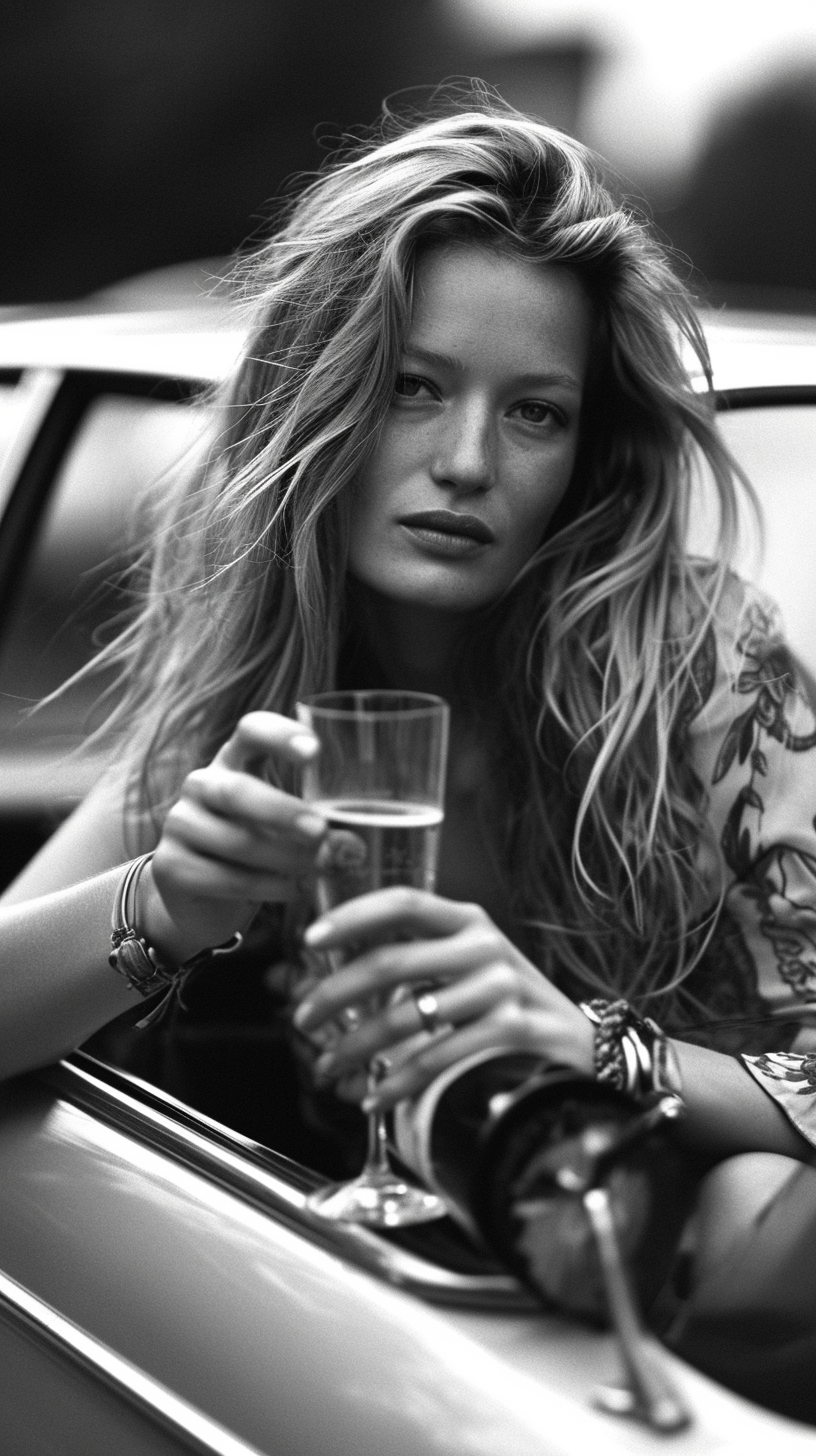 Young Kate Moss with champagne and silver BMW