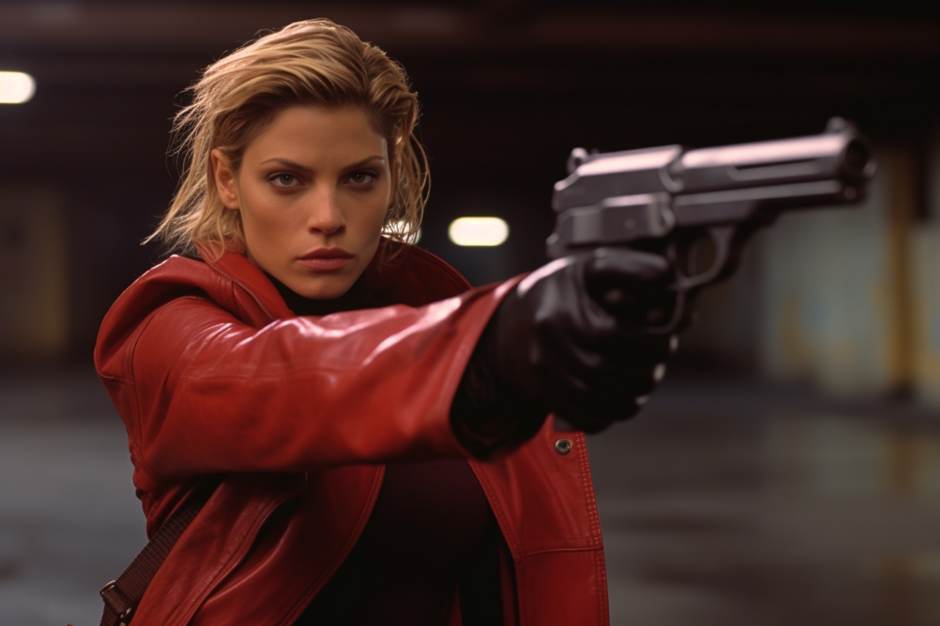 Katee Sackhoff firing a gun in red leather coat