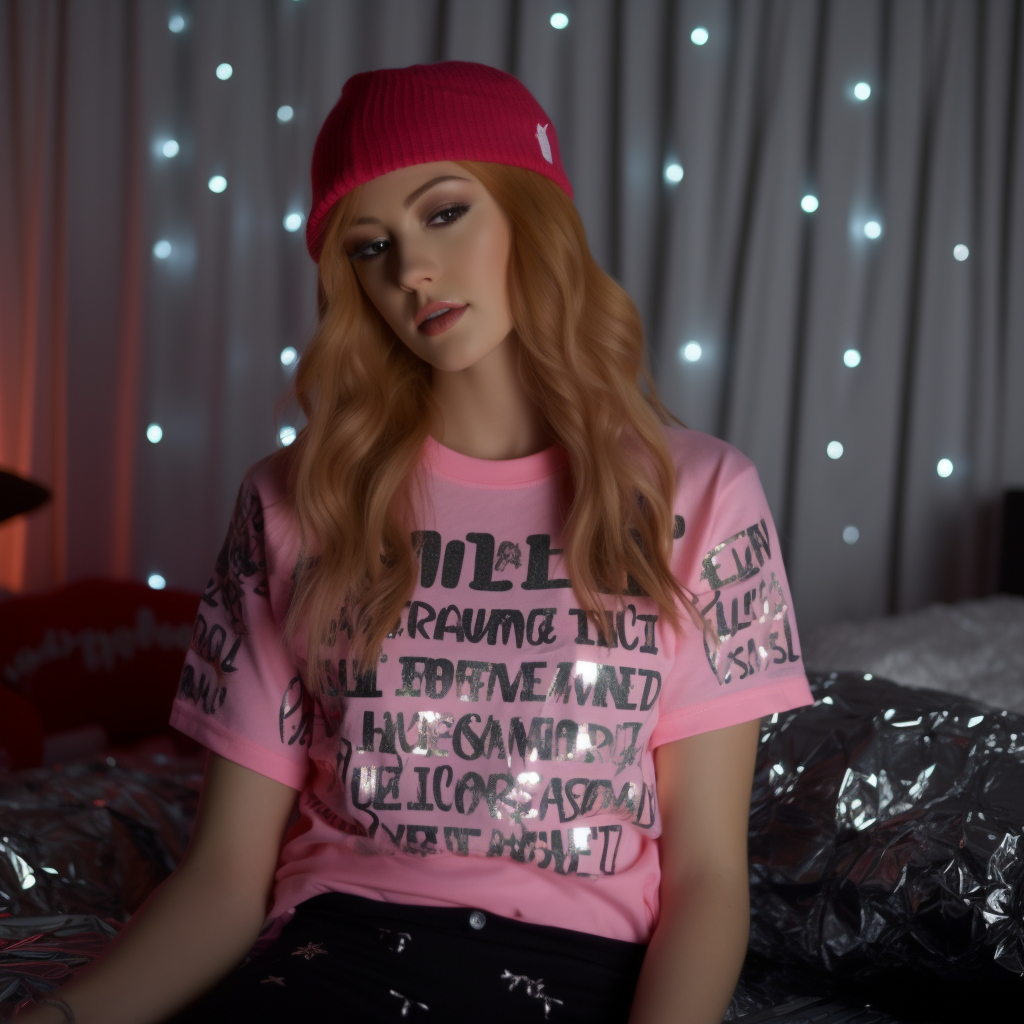 Katherine McNamara in shiny pink croptop on bed