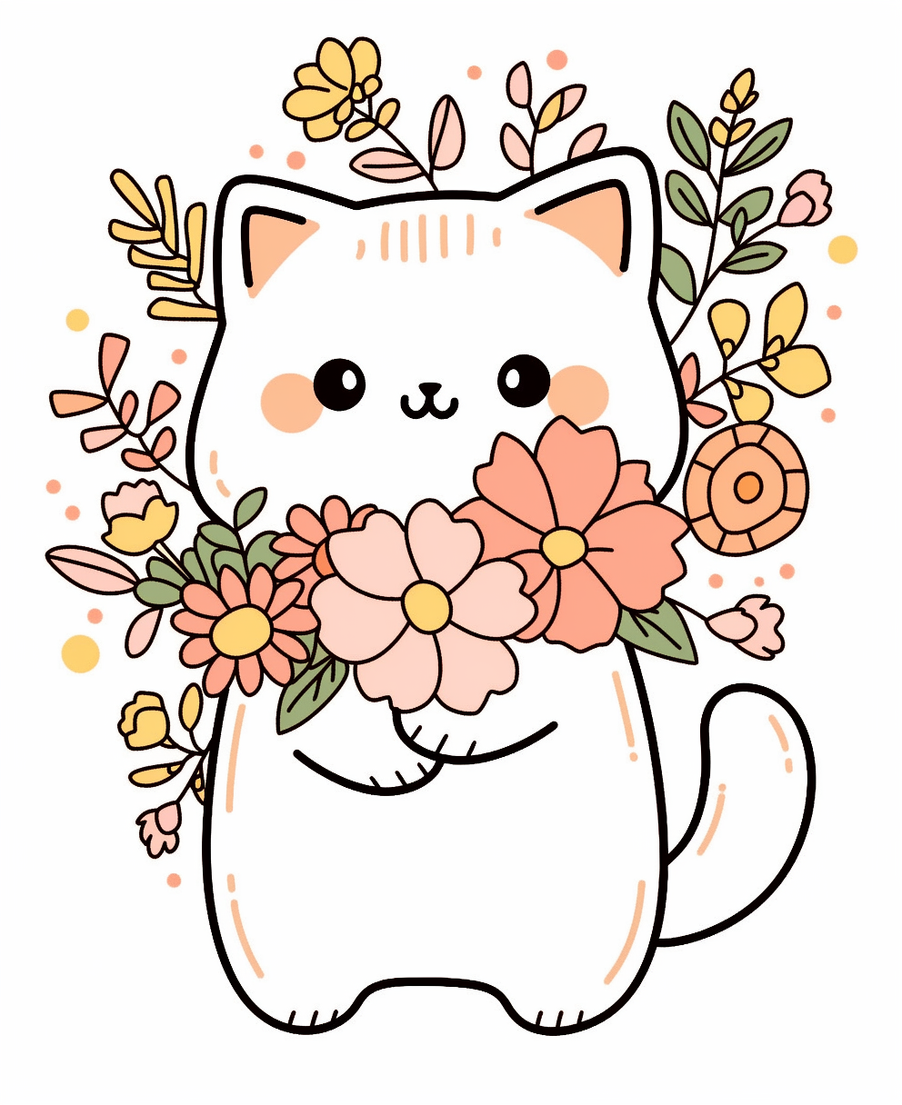 Cute Kawaii Cat with Flowers