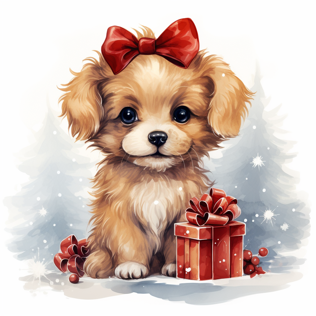 Adorable Christmas Puppy in Watercolor Style